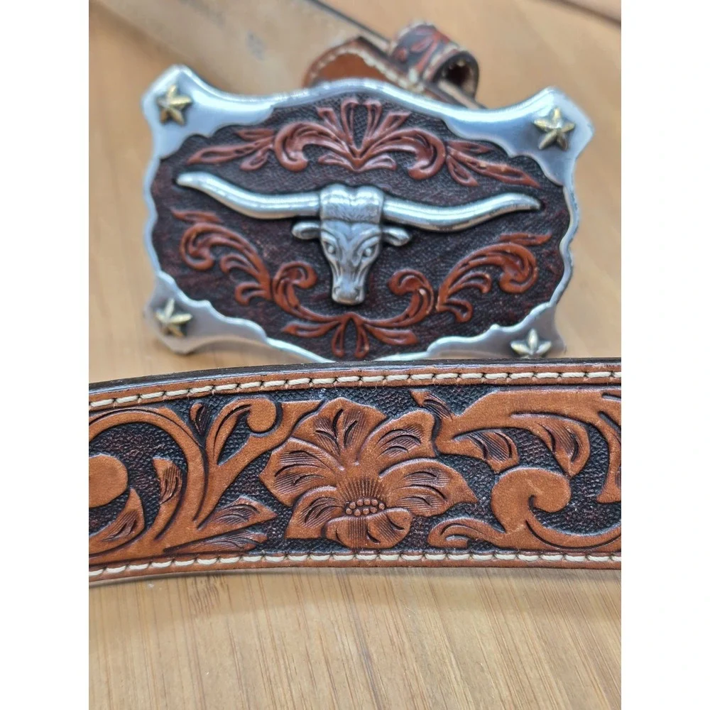 Justin Men's Classic Longhorn‎ Tan Tooled Leather Western Belt C11194 Size 38